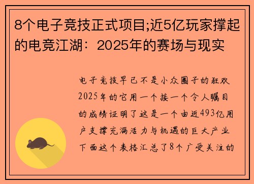 8个电子竞技正式项目;近5亿玩家撑起的电竞江湖：2025年的赛场与现实